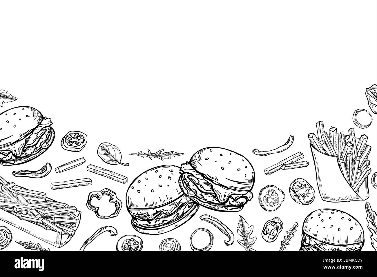 Bordo vettoriale monocromatico orizzontale con hamburger, patatine fritte, fette di verdure, disegno grafico delle erbe aromatiche. Illustrazione tradizionale del cibo di strada Illustrazione Vettoriale