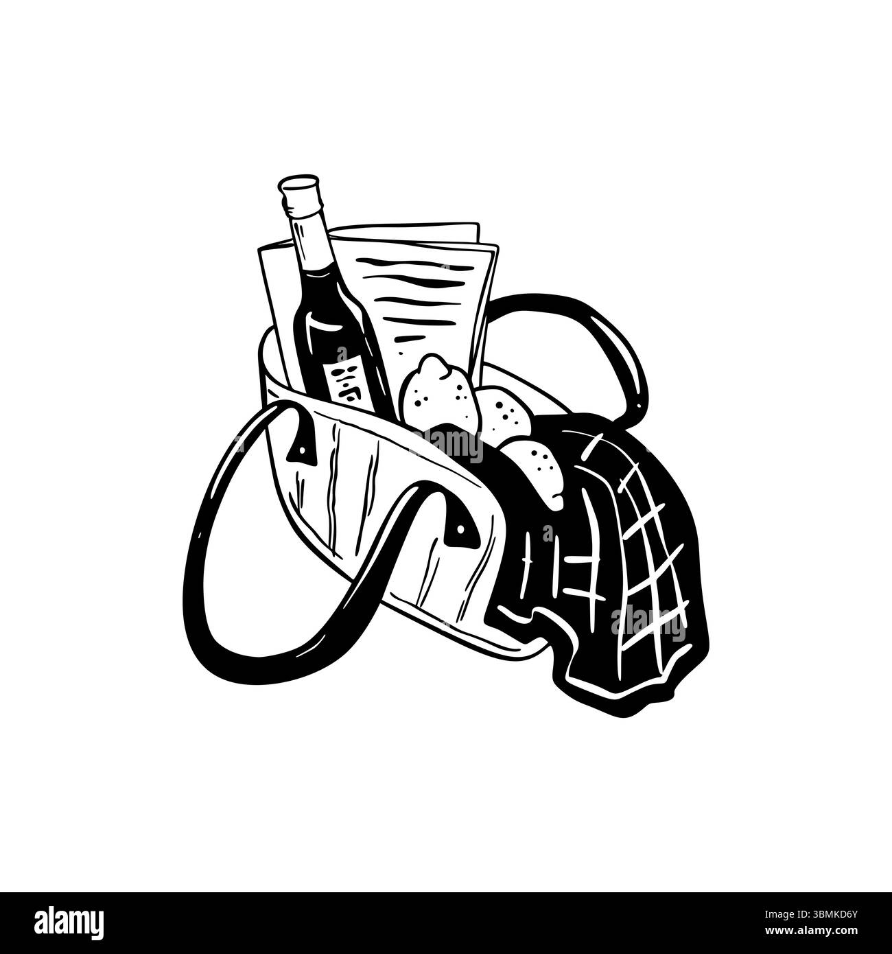 Cestino da picnic disegnato a mano con bottiglia di vino, limoni e coperta a scacchi. Pranzo estivo all'aperto. Un appuntamento romantico italiano. Borsa della spesa Wicker. Illustrazione Vettoriale