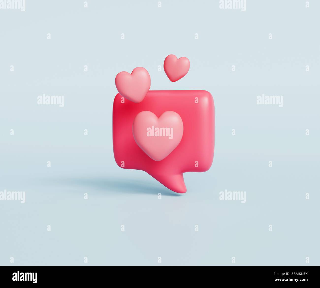 icona a forma di cuore rosa 3d con bolla di messaggio su sfondo blu. Illustrazione 3d di alta qualità Foto Stock