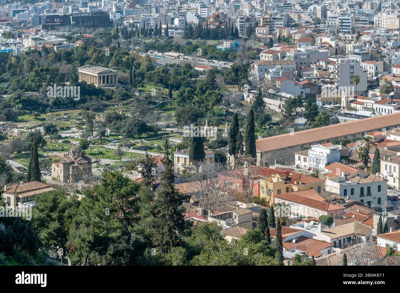 Vista aerea dell'antica agorà e del centro storico di Atene, Grecia Foto Stock