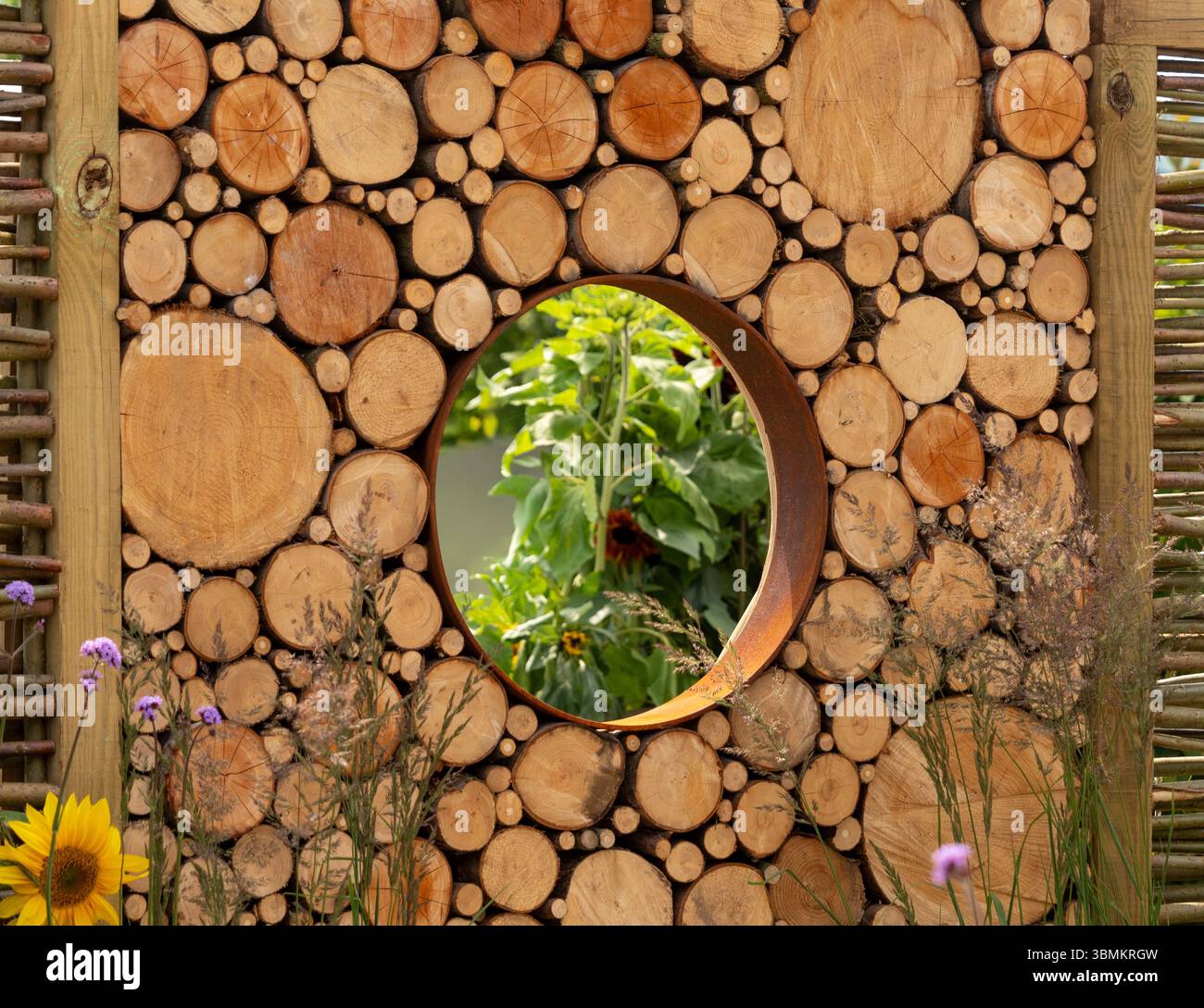 Vagliatura da giardino realizzata con tronchi di legno segati con apertura circolare, bordati in acciaio resistente agli agenti atmosferici. Foto Stock