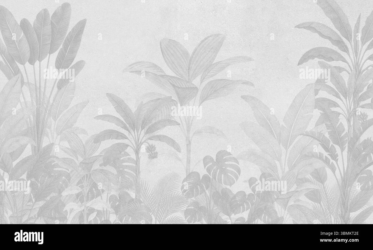 Foglie di giungla tropicale grigio tenue - decorazione minimalista delle pareti botaniche Foto Stock