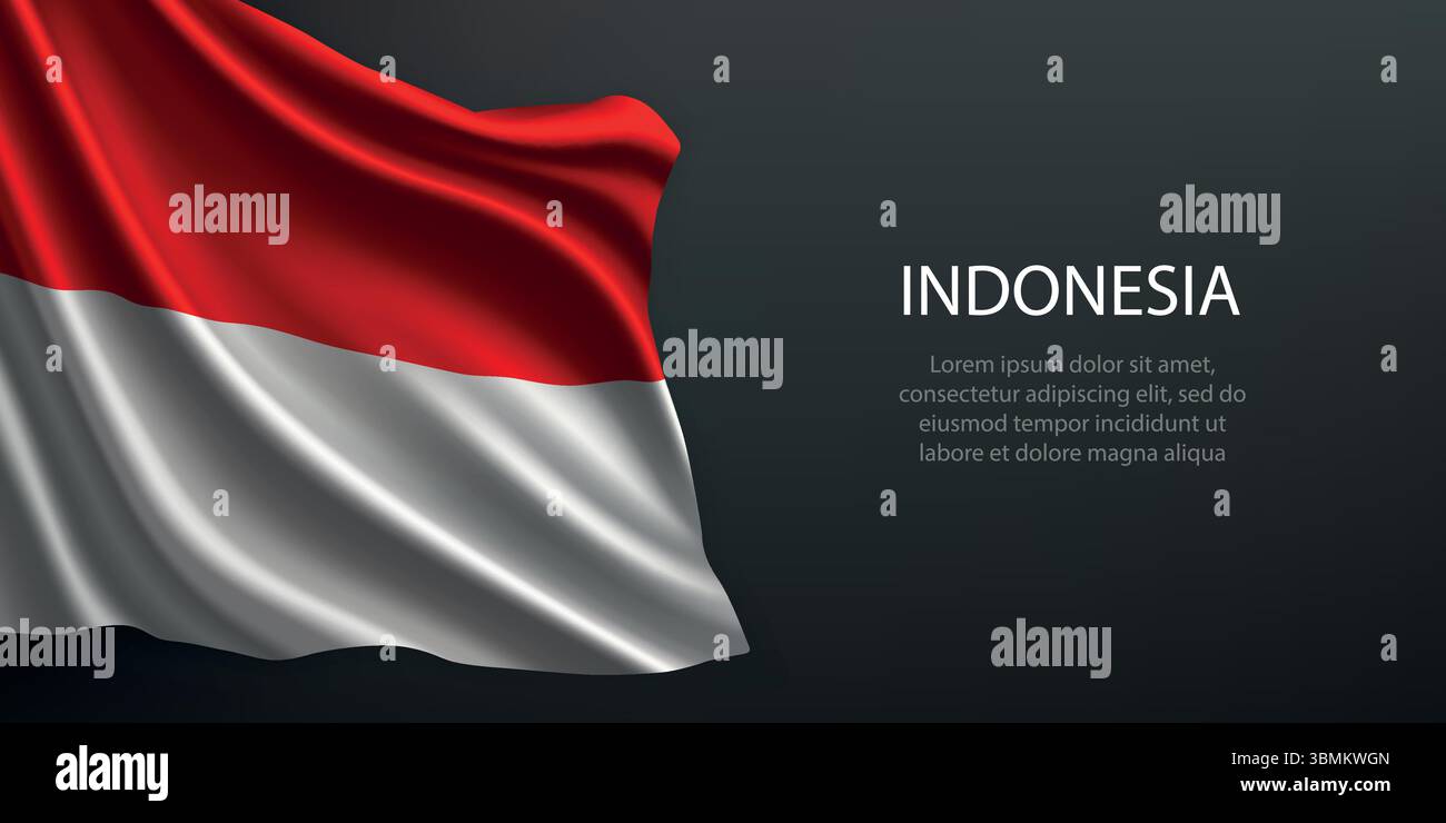 Bandiera nazionale indonesiana con increspature e ombre su uno sfondo nero sfumato Illustrazione Vettoriale