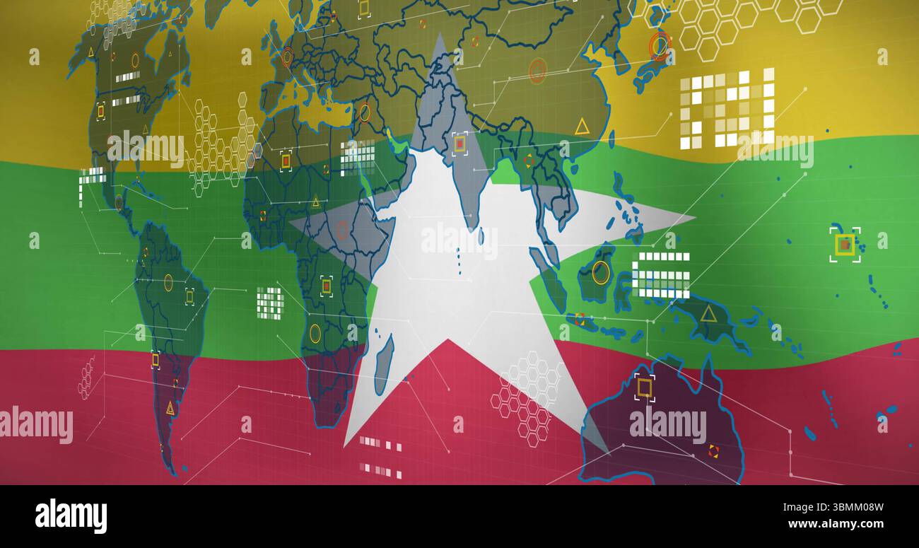 Immagine della mappa del mondo con elementi di dati digitali su sfondo colorato a tema flag Foto Stock Immagine della mappa del mondo con elementi di dati digitali su sfondo colorato a tema flag Foto Stock