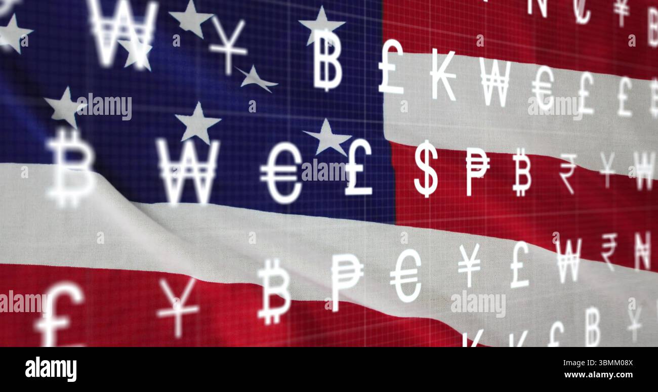 Immagine di simboli di valuta che fluttuano sopra la bandiera americana, simboleggiando la finanza globale Foto Stock