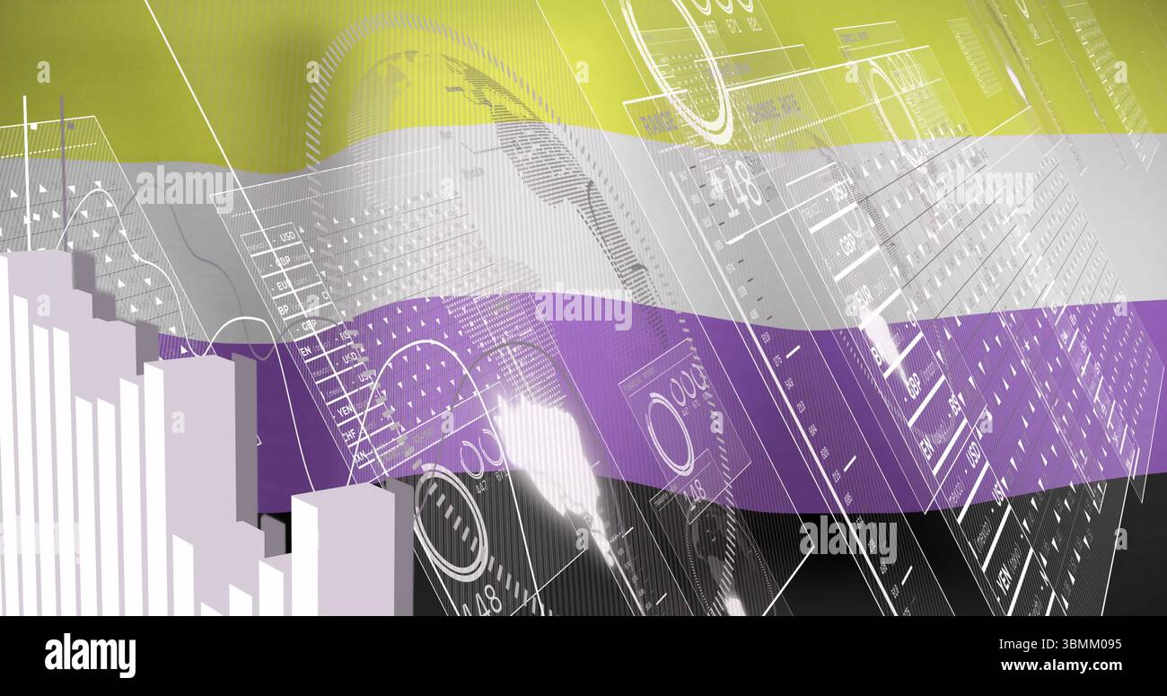 Flag di orgoglio non binario con sovrapposizione di immagini di dati finanziari e paesaggio urbano Foto Stock