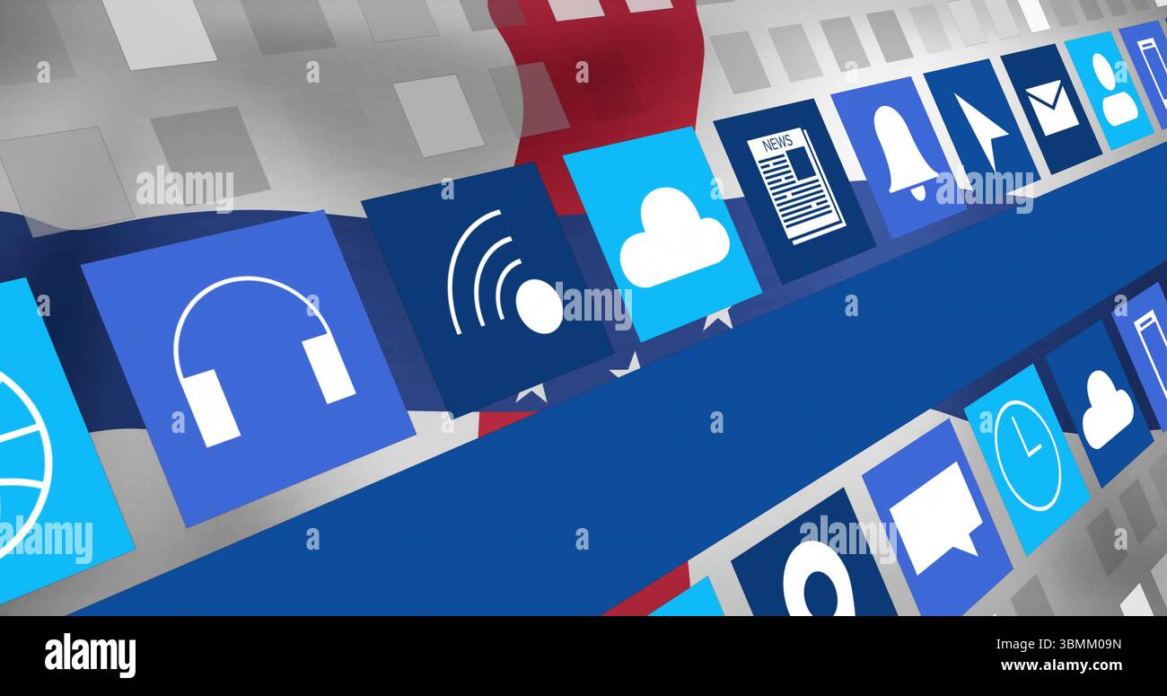 Immagine di icone digitali come smartphone, pollici e globo su quadrati blu Foto Stock