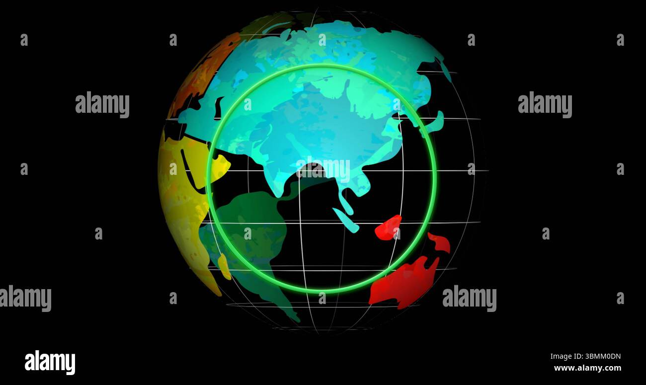 Immagine di un globo colorato con continenti evidenziati su sfondo nero Foto Stock