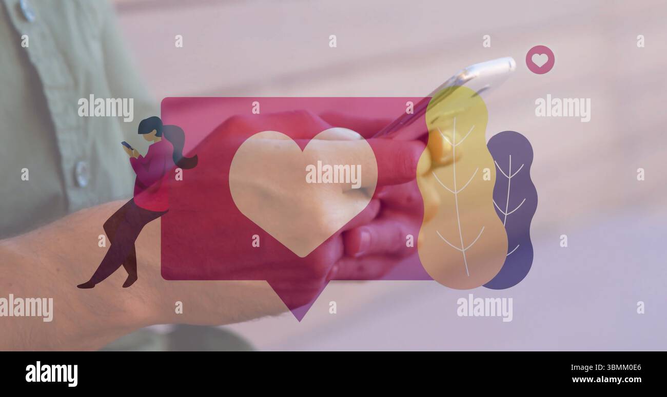 Tenere lo smartphone, le mani che visualizzano il cuore e la sovrapposizione delle immagini delle persone Foto Stock