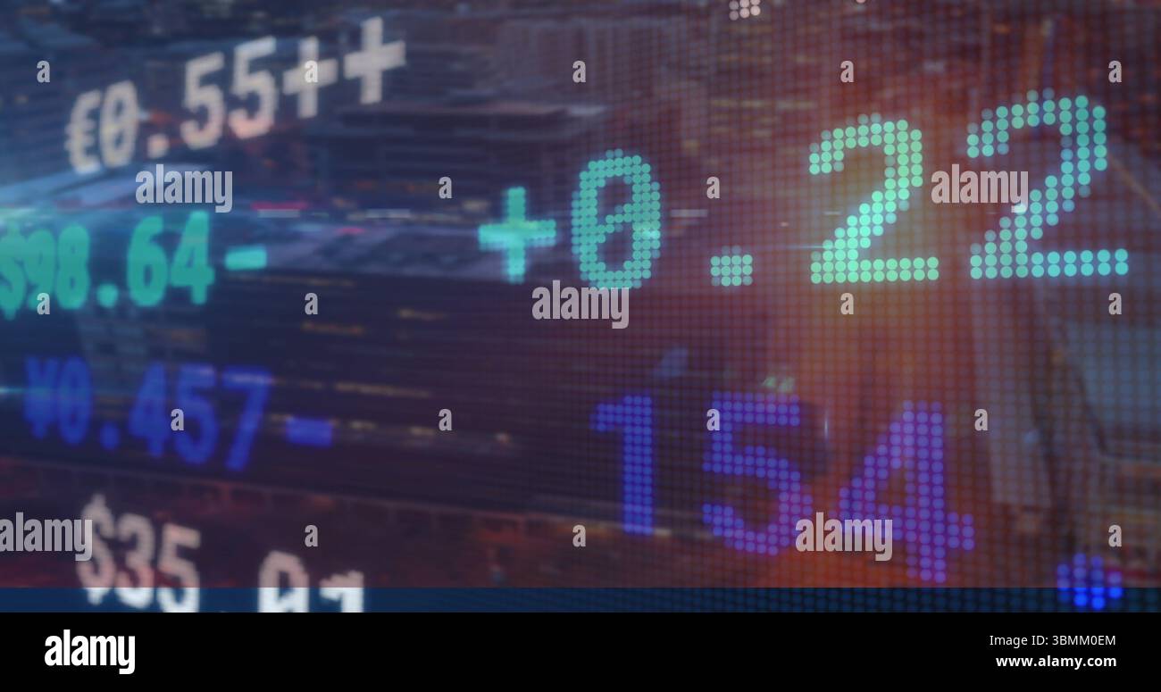 Ticker a matrice di punti fluttuante che mostra i prezzi e le variazioni in % sullo skyline della città, con simboli di valuta Foto Stock