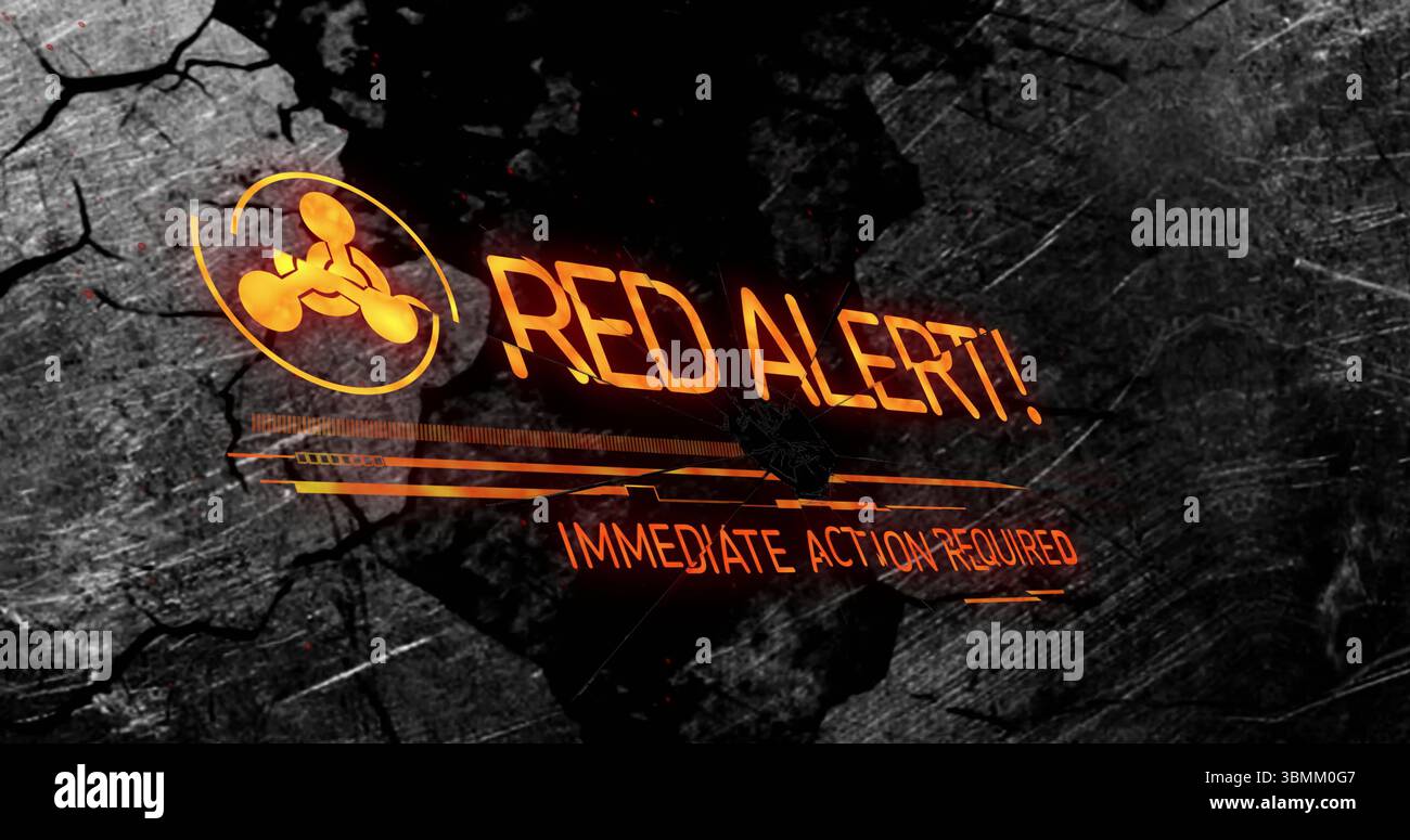 Testo di allarme rosso che richiede un'azione immediata su sfondo scuro con trama e immagine Foto Stock