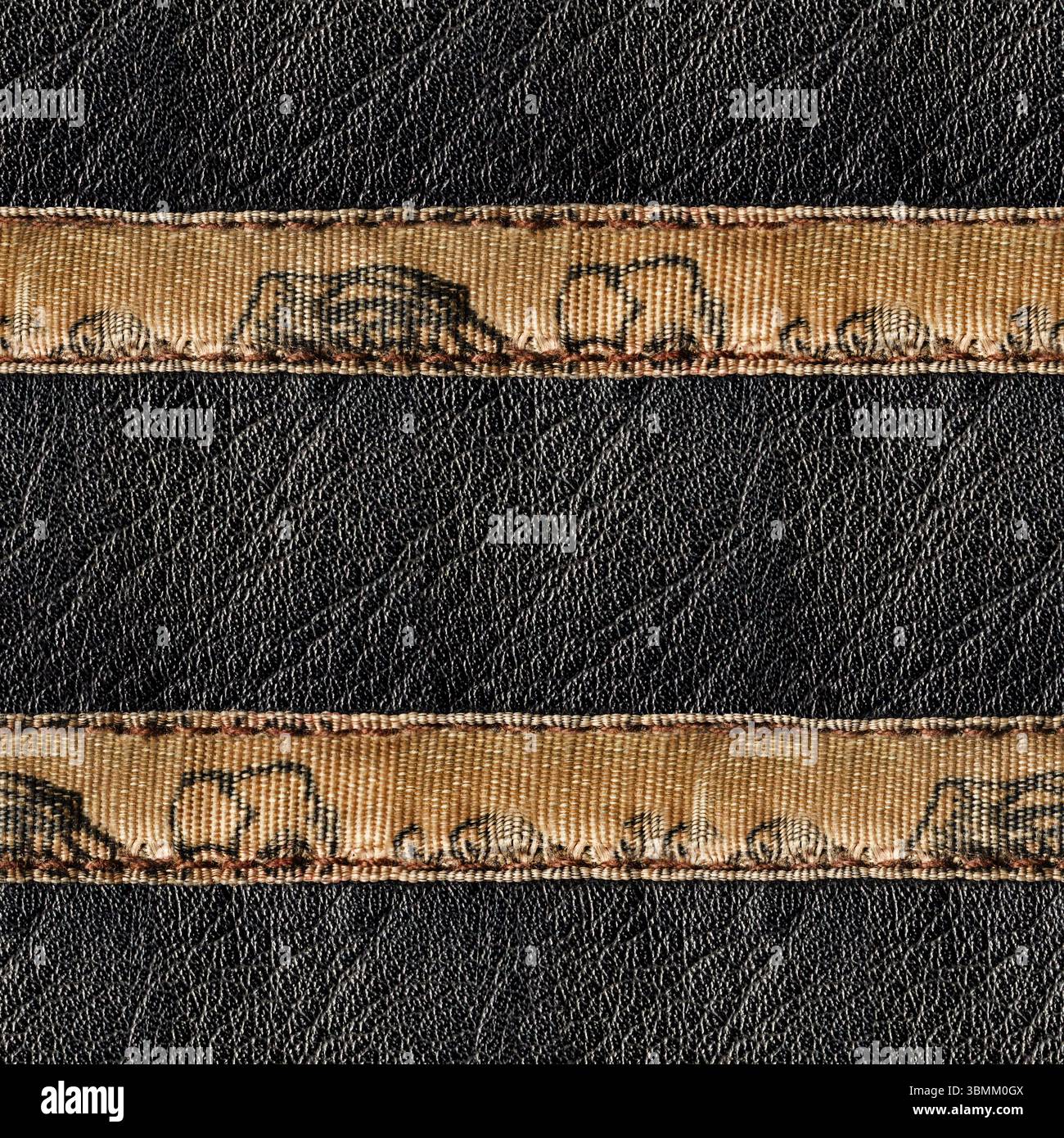 Tessuto fotografico 4K senza cuciture con superficie in pelle nera con cinturini decorati in tessuto. Foto Stock