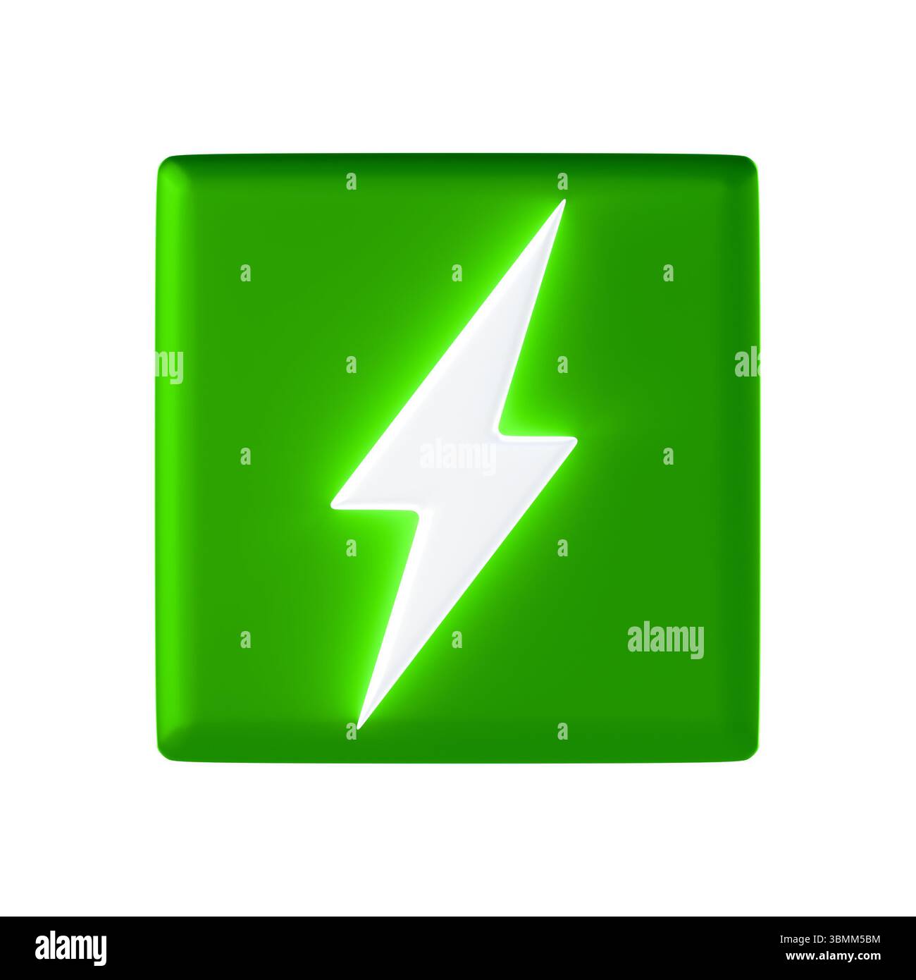 Icona quadrata verde con un fulmine bianco che rappresenta l'energia o l'elettricità. rendering 3d. Foto Stock