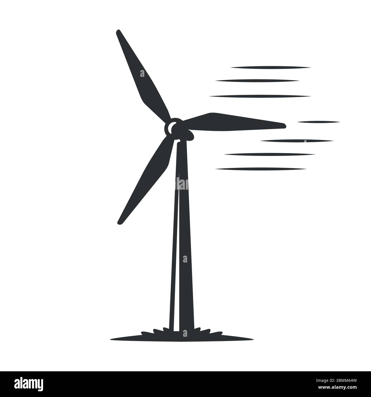 Icona minima di una singola turbina eolica con linee curve che mostrano le pale rotanti Illustrazione Vettoriale