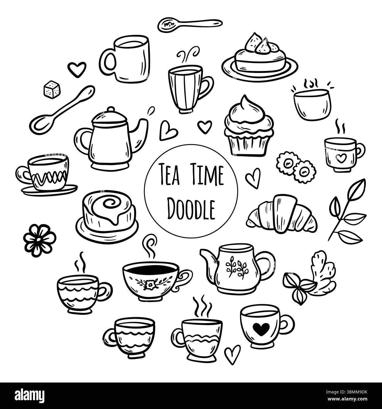 Tè alle erbe Doodles. Icone della linea minimalista con rituali e ingredienti per il tè Illustrazione Vettoriale