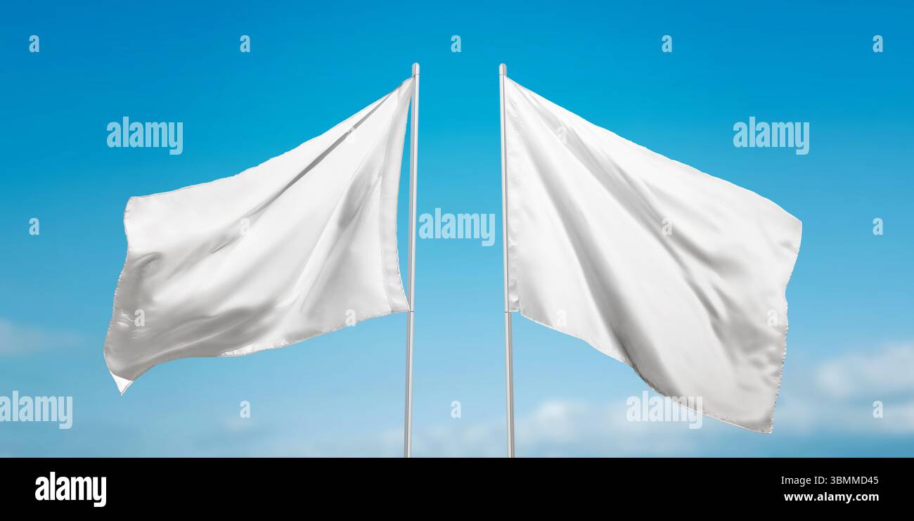 Due bandiere bianche che sventolano sul vento con lo sfondo del cielo limpido, rappresentano la pace, la resa o la neutralità nella narrazione visiva moderna Foto Stock