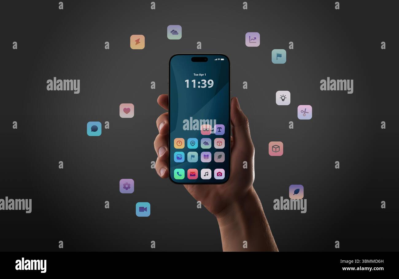 Le icone delle app fluttuanti intorno allo smartphone in un ambiente buio mettono in risalto la creatività digitale e l'esperienza mobile interattiva Foto Stock
