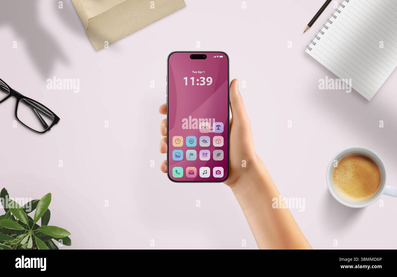 L'interfaccia utente mobile pastello in un ambiente accogliente e confortevole favorisce la produttività personale e l'utilizzo intuitivo delle app per smartphone Foto Stock