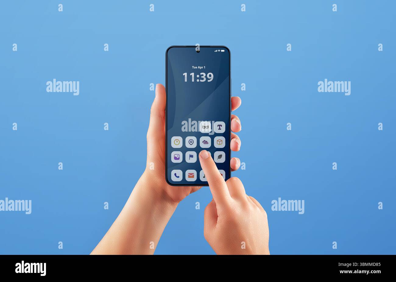 Interfaccia smartphone con schermata blu con l'utente che tocca un'icona, simboleggiando l'accesso all'app e l'interazione intuitiva con il tocco Foto Stock