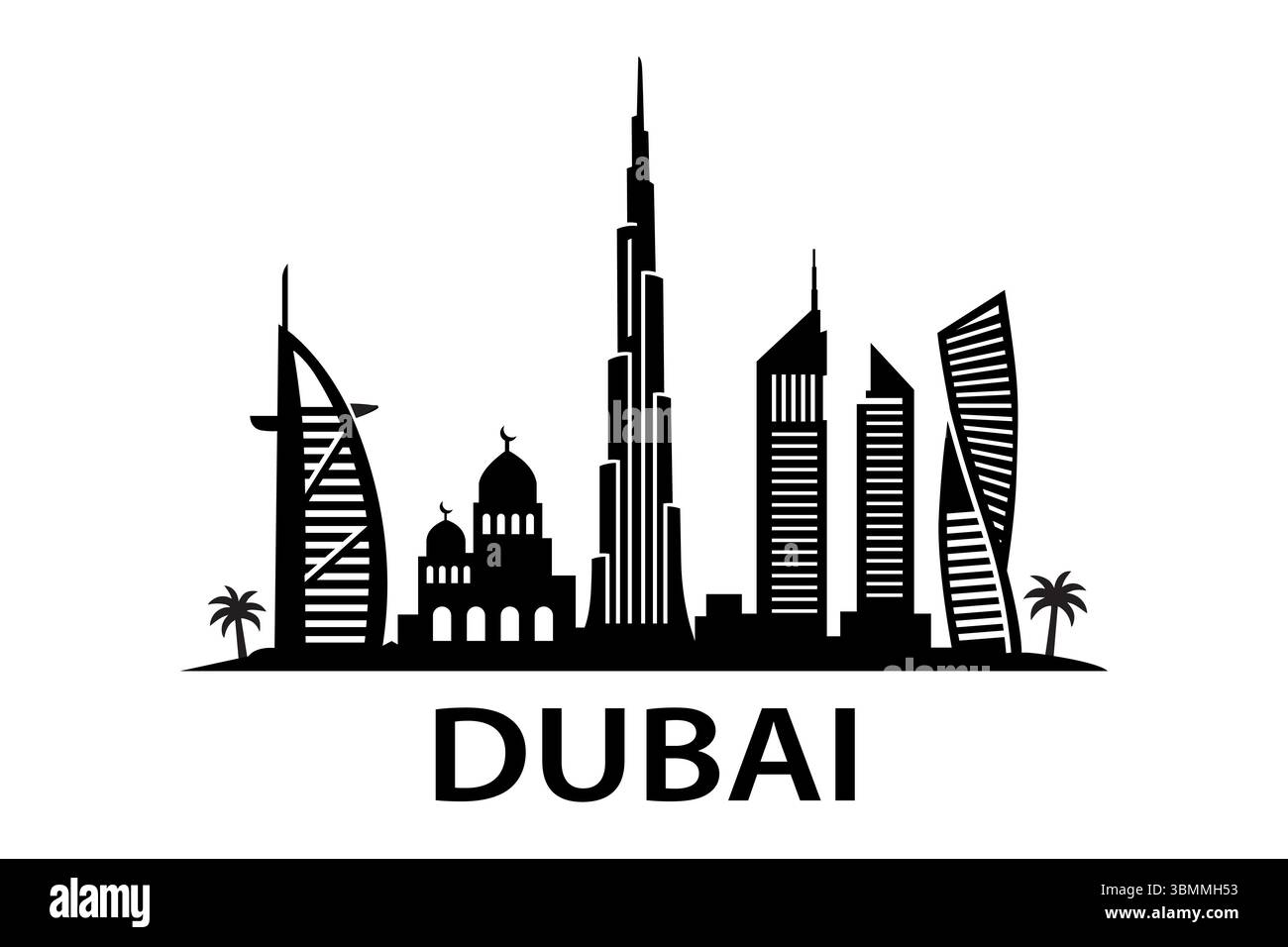 Silhouette nera pulita del paesaggio urbano di Dubai con alte torri ed edifici famosi Illustrazione Vettoriale