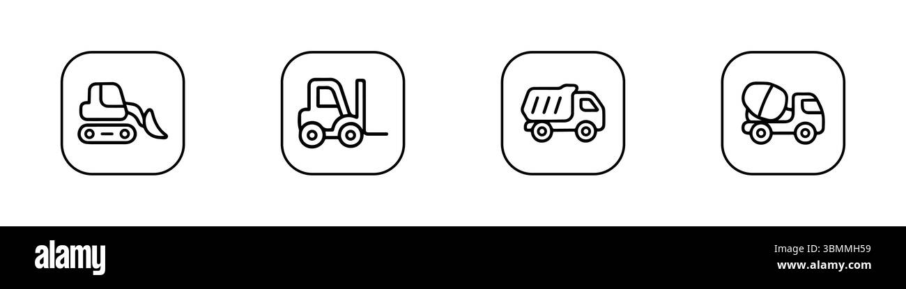 Una collezione di 10 icone di linea pulite e moderne che rappresentano vari veicoli da costruzione e utilitari. Include dumper, escavatori, trattori, swe Illustrazione Vettoriale