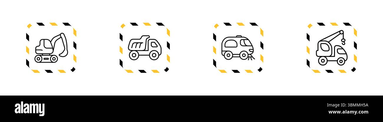 Una collezione di 10 icone di linea pulite e moderne che rappresentano vari veicoli da costruzione e utilitari. Include dumper, escavatori, trattori, swe Illustrazione Vettoriale