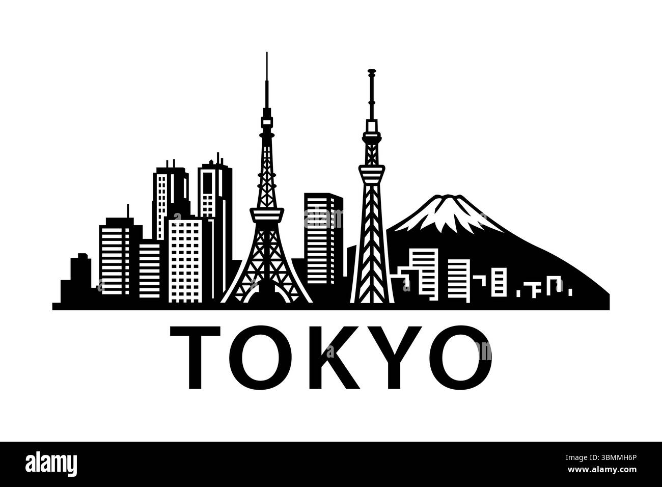 Silhouette nera del paesaggio urbano di Tokyo con la Tokyo Tower, lo Skytree e il Monte Fuji Illustrazione Vettoriale