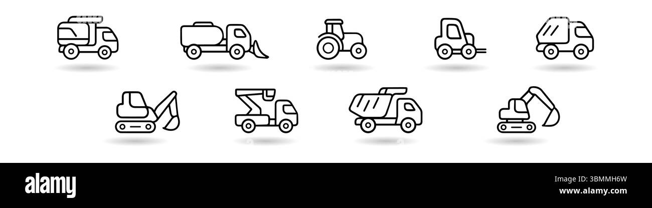 Una collezione di 10 icone di linea pulite e moderne che rappresentano vari veicoli da costruzione e utilitari. Include dumper, escavatori, trattori, swe Illustrazione Vettoriale