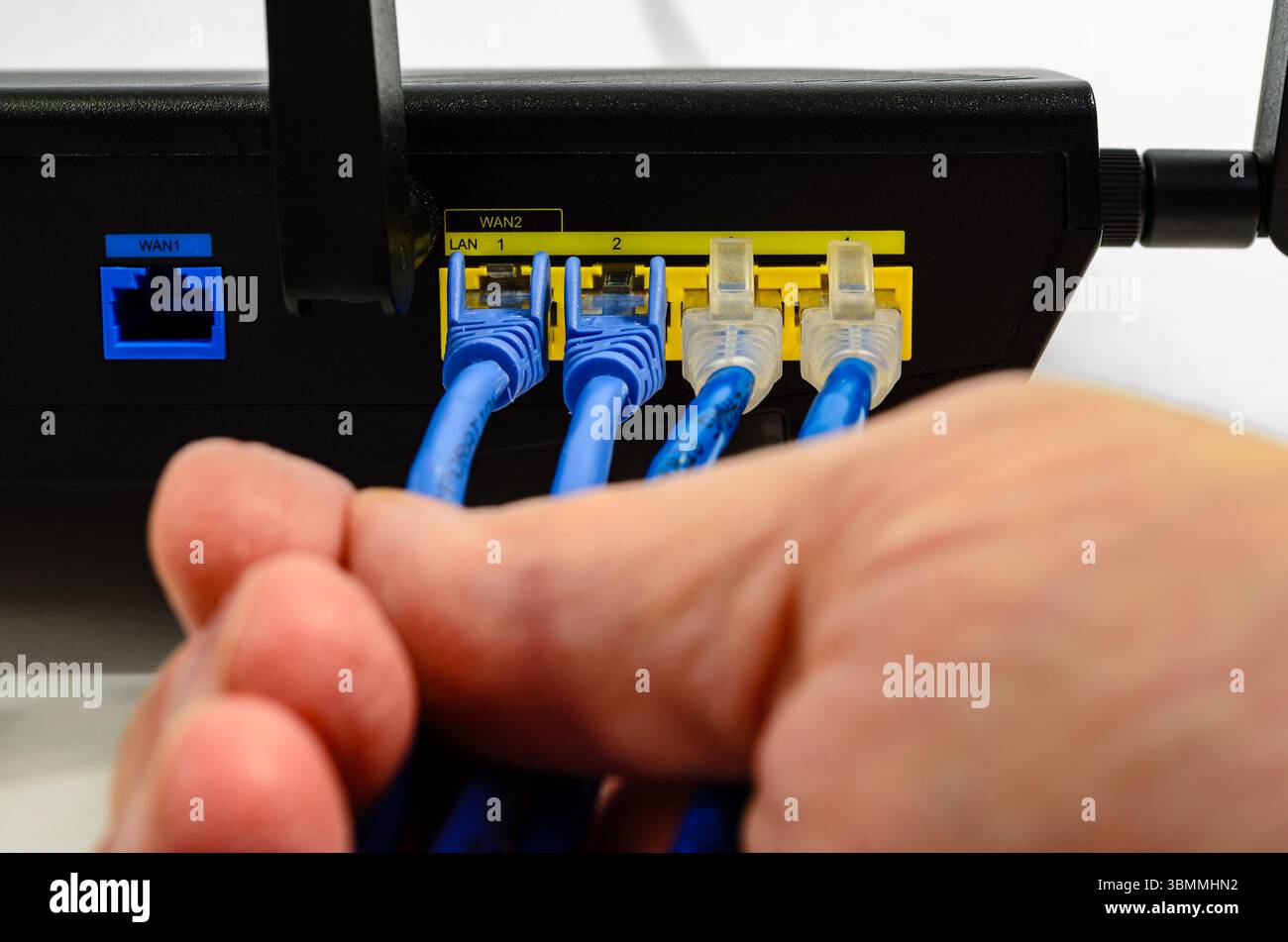 Vista posteriore ravvicinata di un router Internet con la mano di un uomo che tiene quattro cavi di rete. Foto Stock