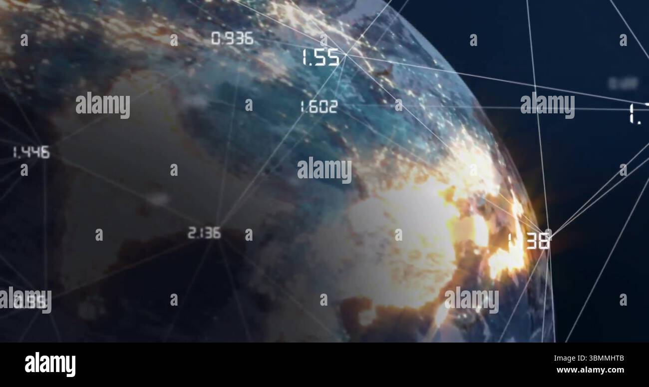 Messa a terra dallo spazio con punti dati digitali e connessioni di rete nell'immagine Foto Stock