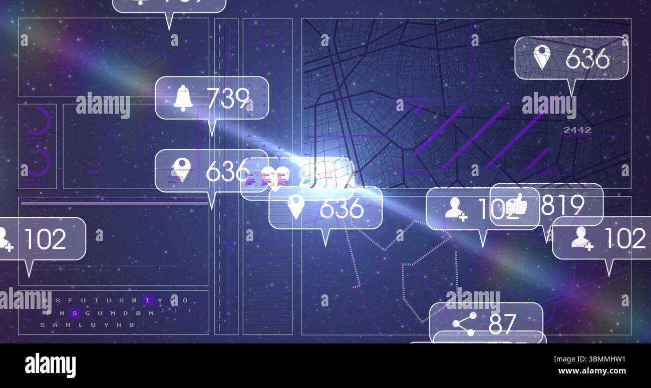 Visualizzazione dei pannelli di interfaccia che mostrano la griglia della mappa e le linee di rete sul campo a stella, con icone a campana Foto Stock