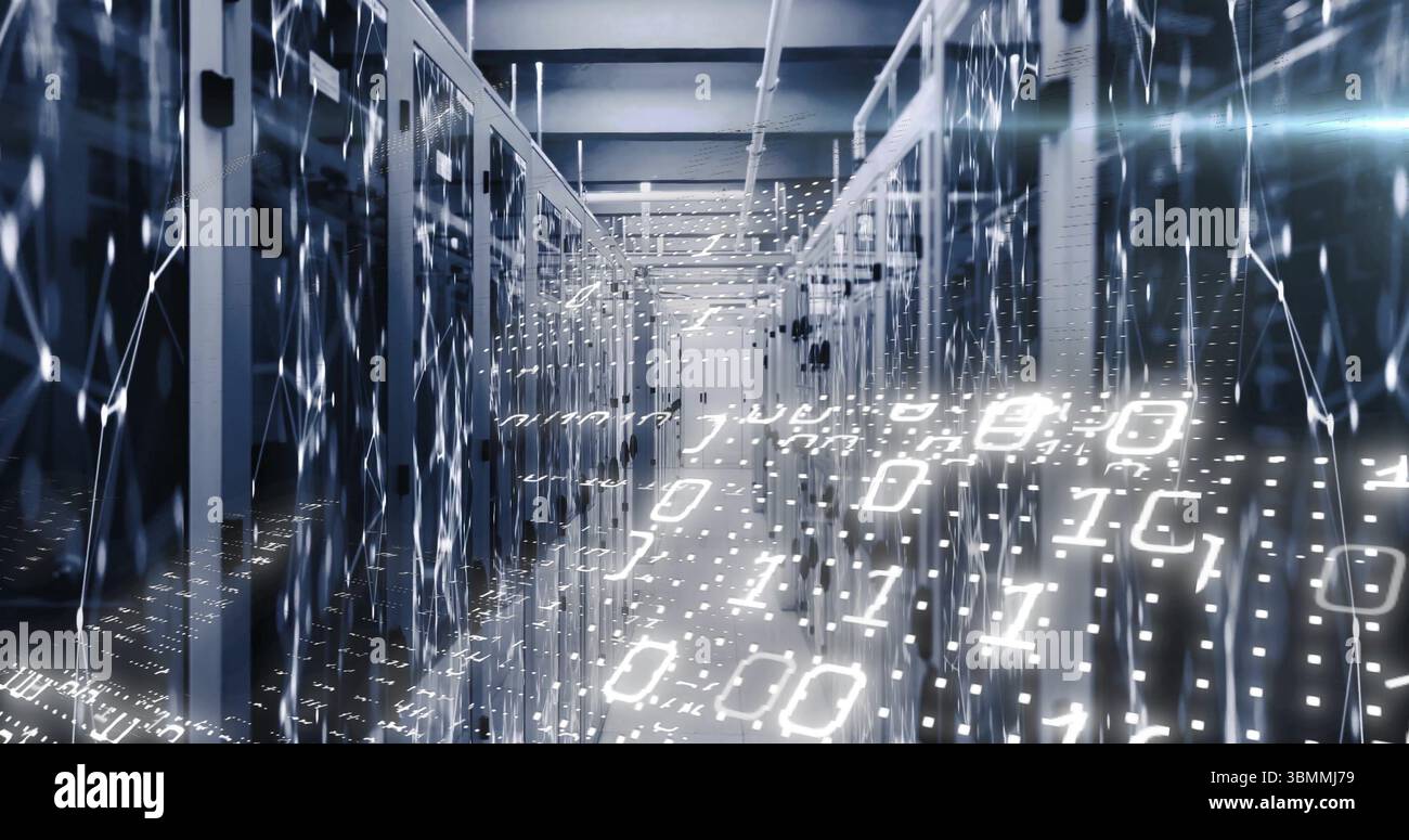 Streaming del codice binario lungo la corsia dei server ad alta tecnologia, con armadi alti e cavi di rete Foto Stock