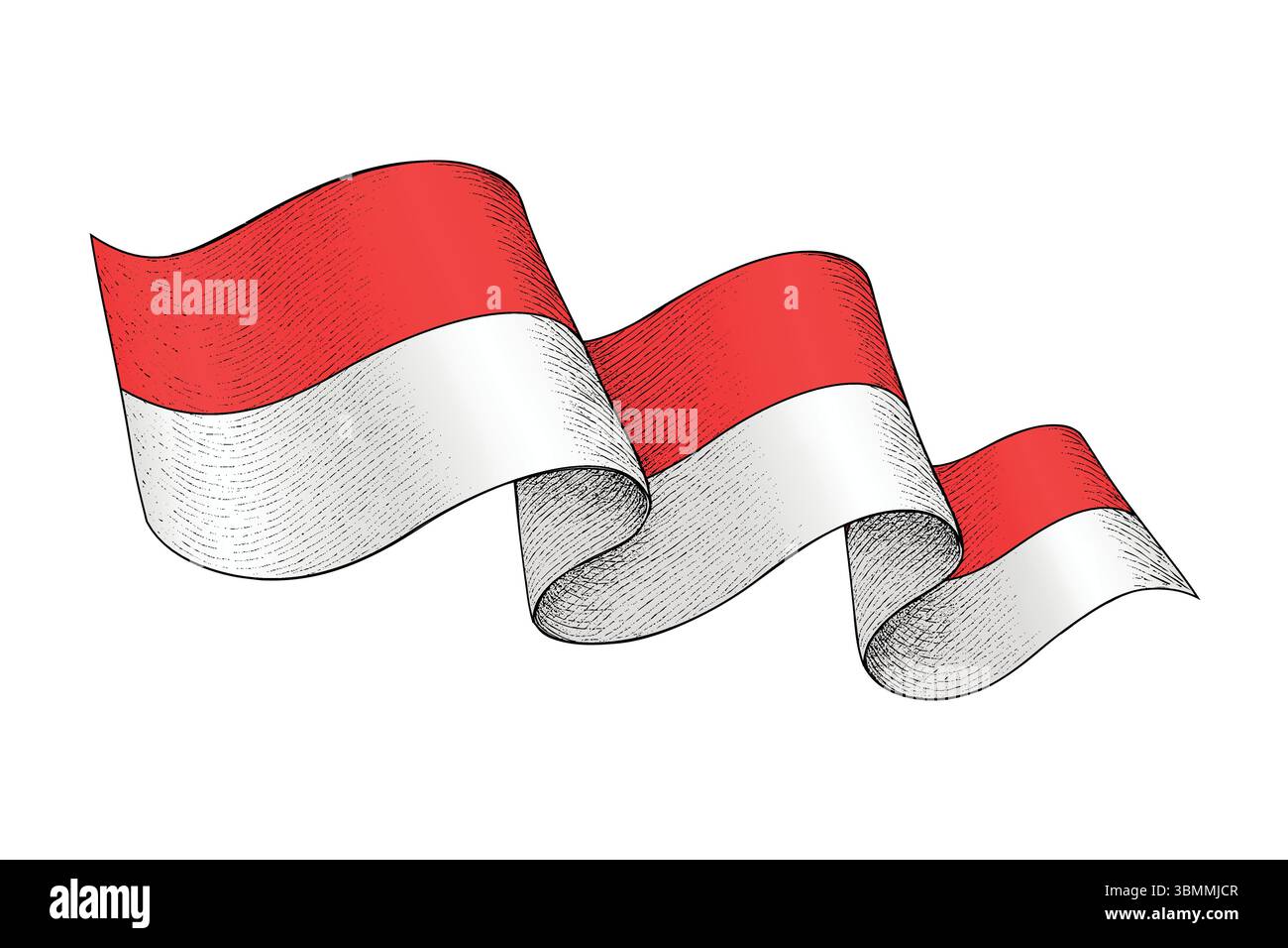 Bandiera nazionale indonesiana a forma di nastro ondulato con texture vintage incisa Illustrazione Vettoriale