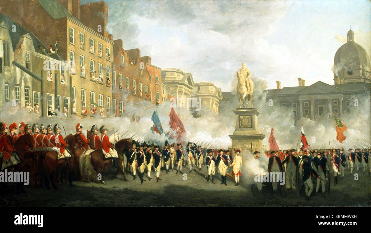The Dublin Volunteers on College Green è un dipinto di storia del 1780 dell'artista inglese Francis Wheatley.[1] [2] raffigura una scena del 4 novembre 1779. Per commemorare il compleanno di Guglielmo III migliaia di volontari irlandesi sfilarono al College Green di Dublino vicino alla statua di Guglielmo. Sono mostrati sparare i loro moschetti in saluto Foto Stock
