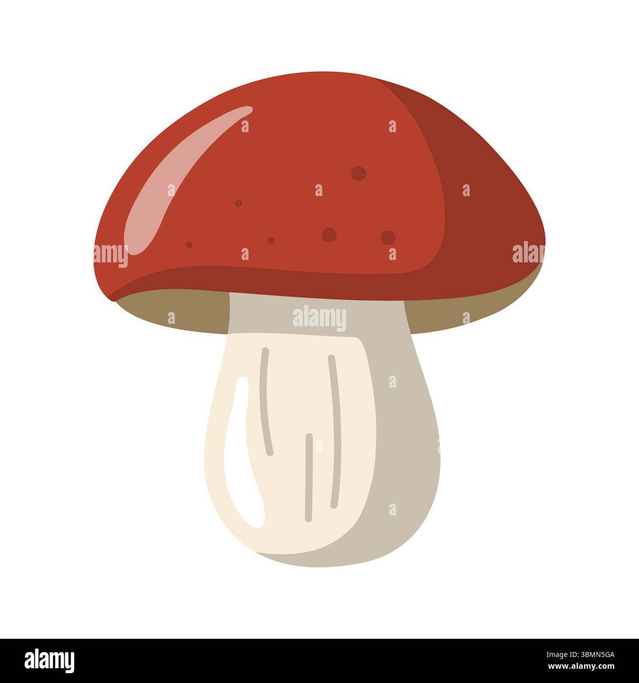 Fungo cartoni animati con tappo rosso e gambo beige. Elemento naturale autunno ed estate. Illustrazione vettoriale su sfondo bianco. Illustrazione Vettoriale