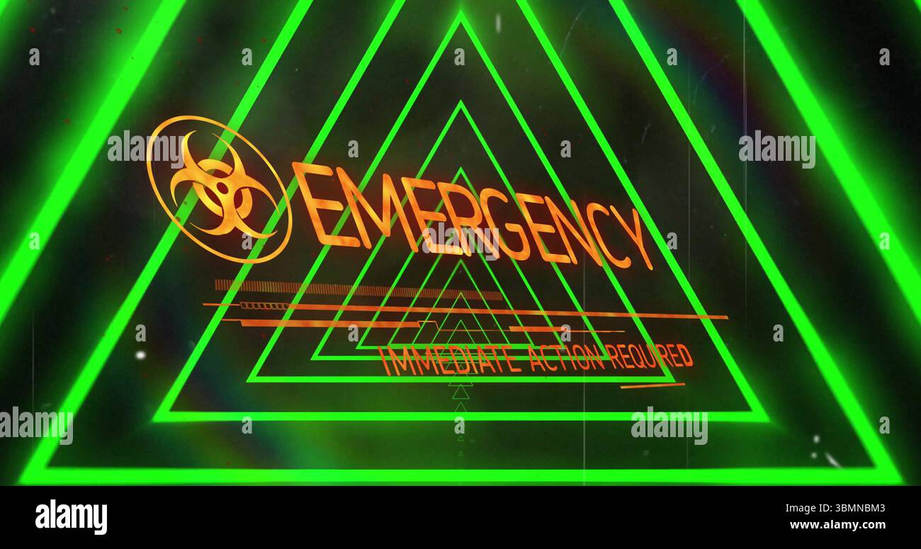Visualizzazione di triangoli verdi al neon nel display di avviso digitale con simbolo di rischio biologico e testo urgente Foto Stock
