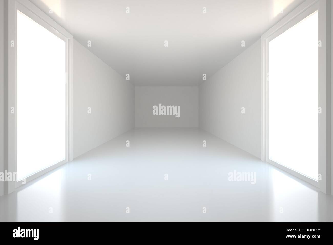 La sala rettangolare dal design piatto viene mostrata all'esterno della parete, con aperture luminose Foto Stock