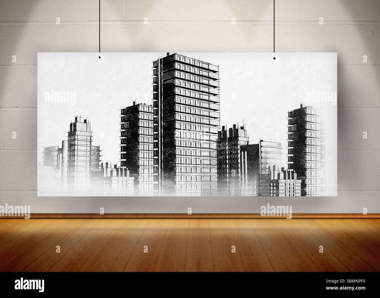 Città dipinta su schermo bianco Foto Stock