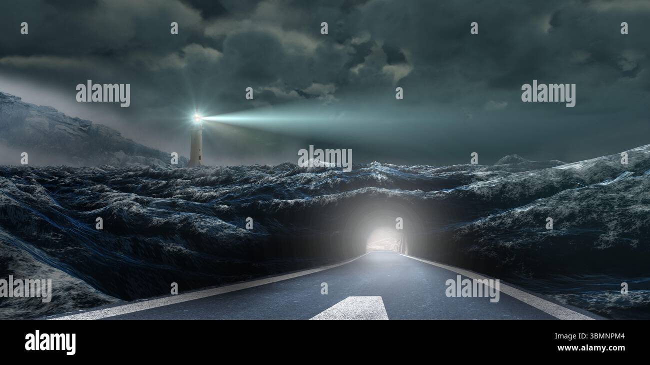 La strada asfaltata con freccia si estende verso un tunnel luminoso in un design piatto con fascio di faro Foto Stock
