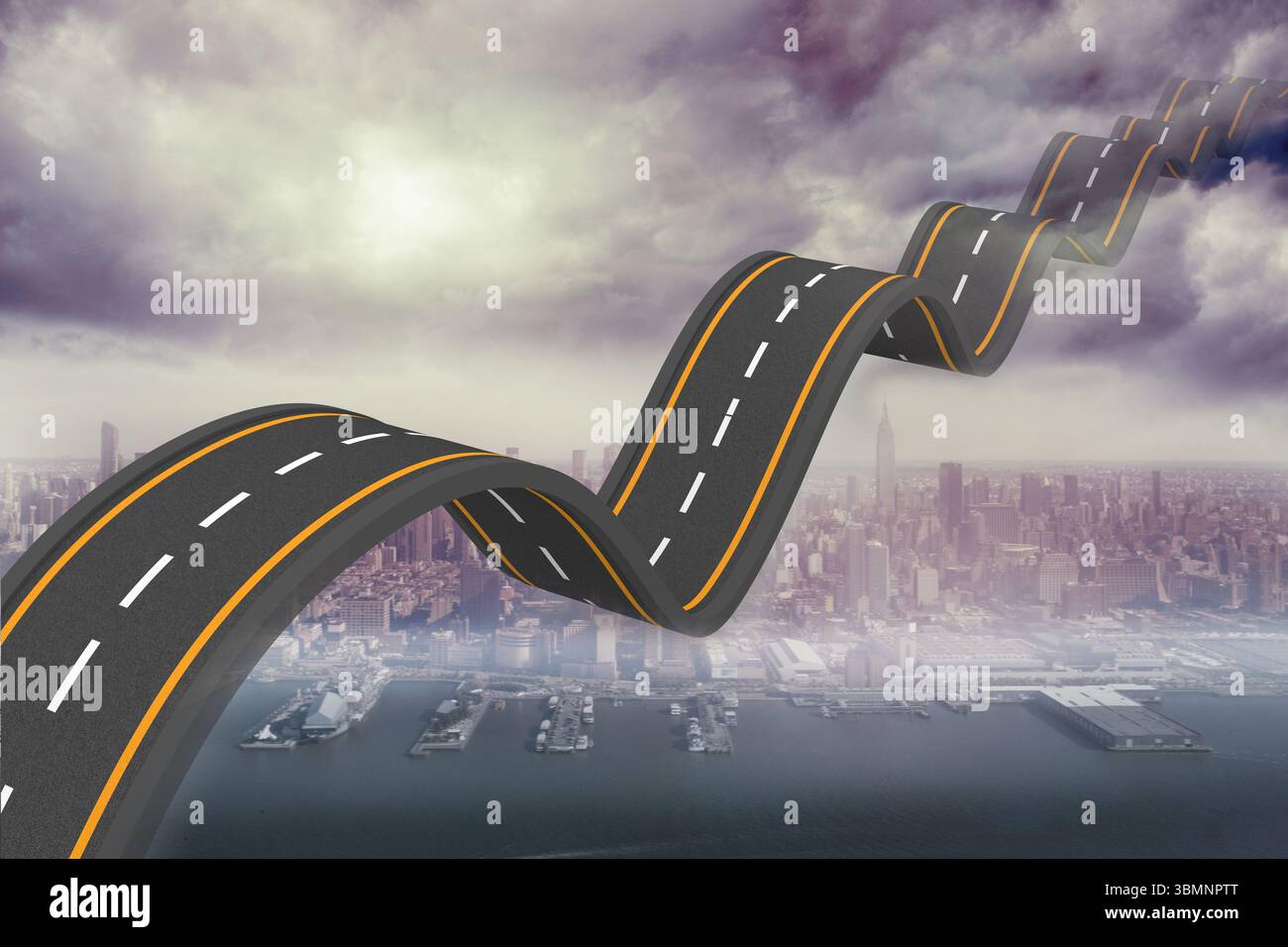 Il tratto tortuoso e tratteggiato dell'autostrada galleggia sopra i moli del porto e lo skyline in un'illustrazione surreale Foto Stock