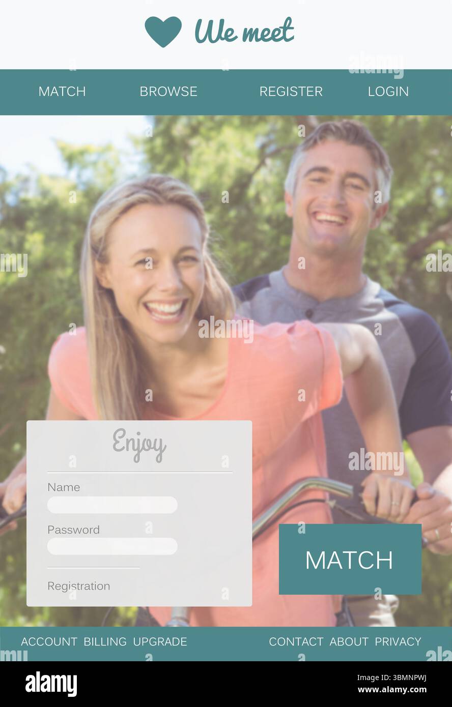 Una coppia matura sta pedalando attraverso il parco illuminato dal sole sotto un'interfaccia di incontri dal design piatto con il logo Heart Foto Stock