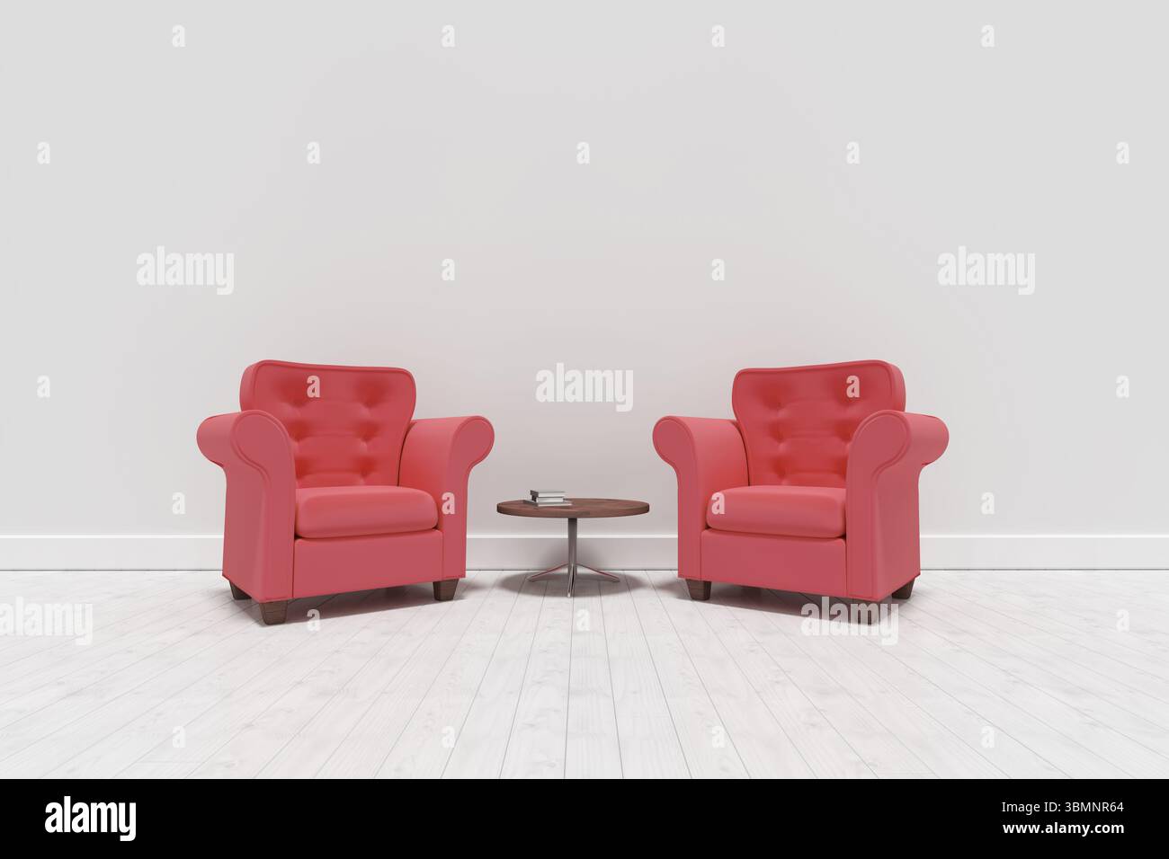 Poltrone rosse con tavolo contro la parete Foto Stock