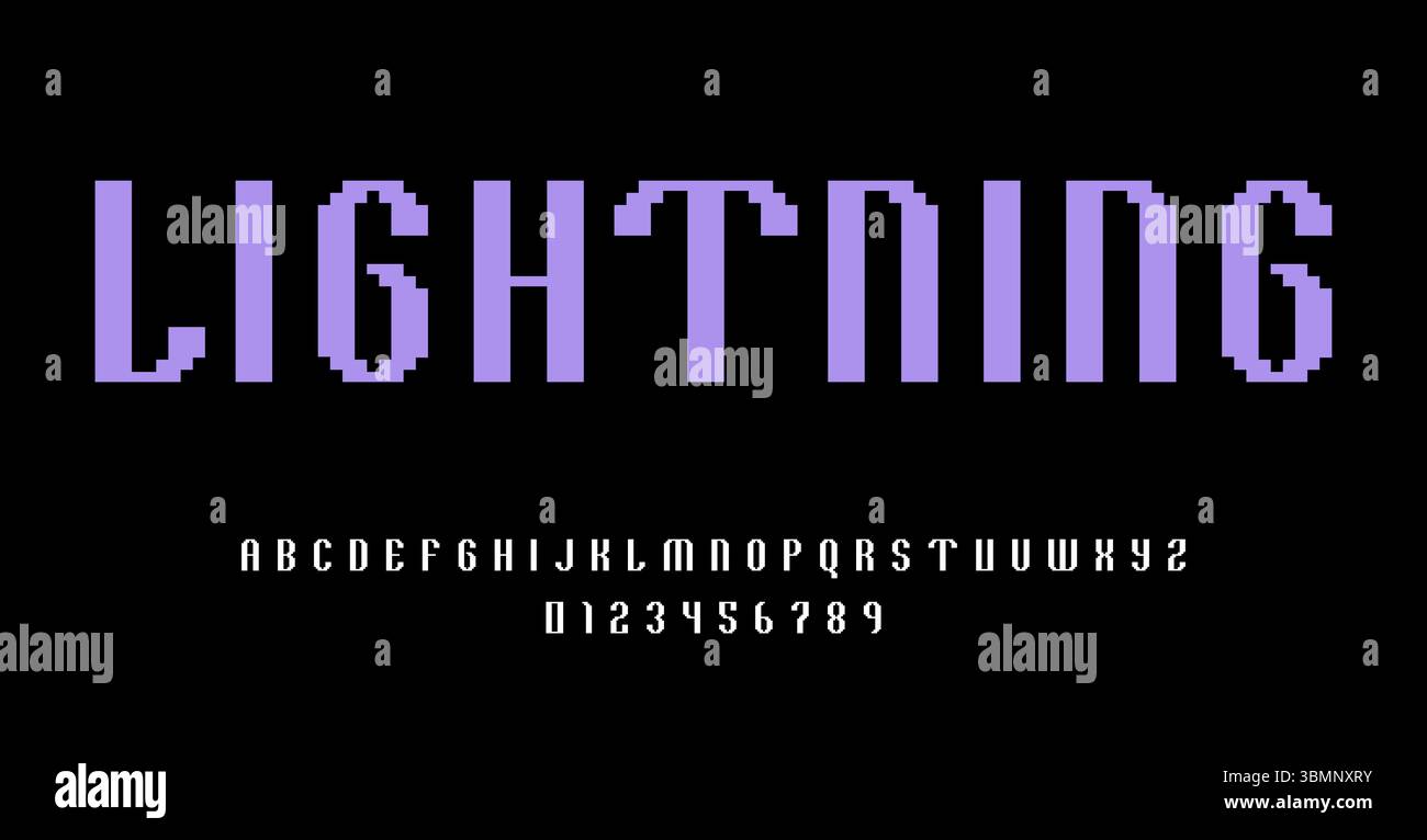 Set di lettere e numeri dei caratteri alfabetici design astratto moderno con illustrazione vettoriale del concetto di pixel digitale Illustrazione Vettoriale