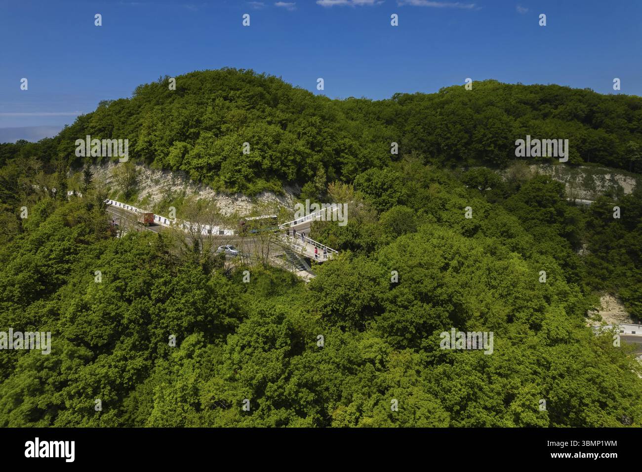 Vista aerea della strada tortuosa dall'alto passo di montagna. Ottimo viaggio in auto attraverso i fitti boschi. Vista a volo d'uccello Foto Stock