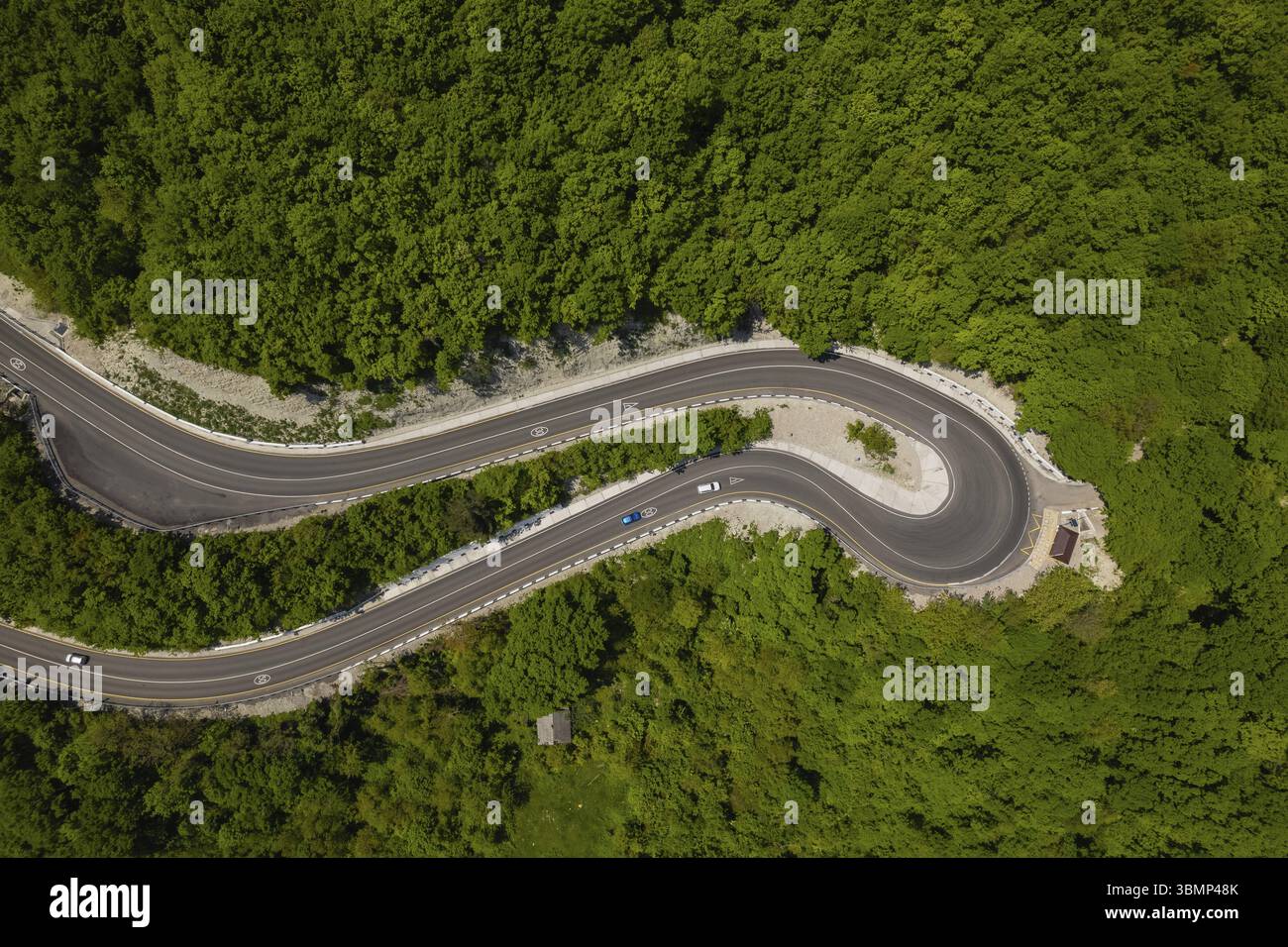 Vista aerea della strada tortuosa dall'alto passo di montagna. Ottimo viaggio in auto attraverso i fitti boschi. Vista a volo d'uccello Foto Stock