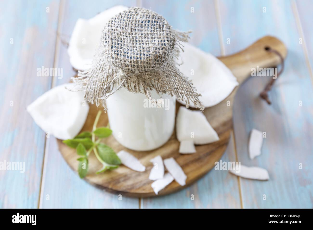 Vegan latte alternativo non lattiero-caseario, contenuto di salute. Latte di cocco biologico in un biberon su un tavolo rustico Foto Stock