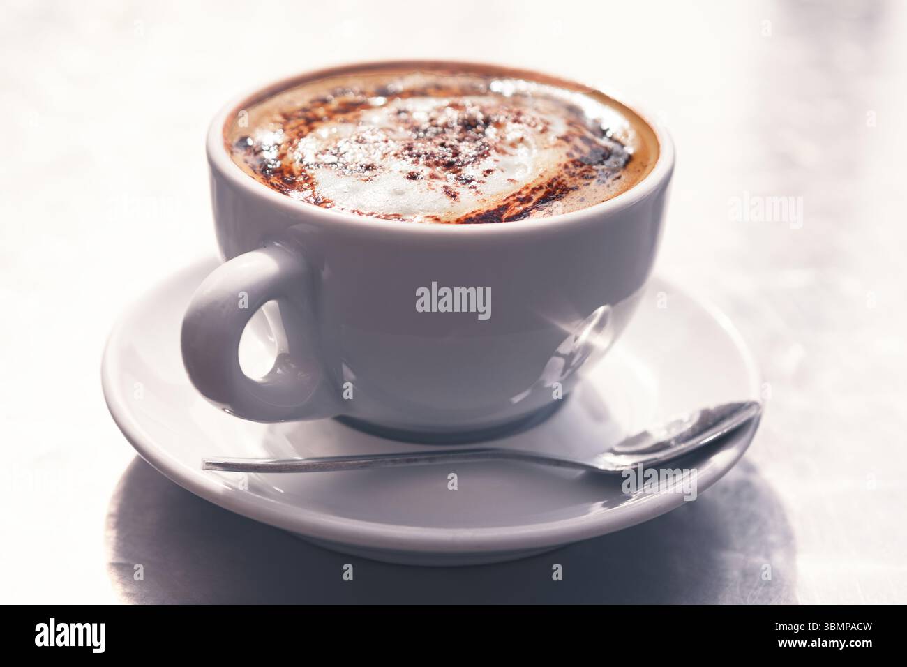 Cappuccino cremoso in un'elegante tazza bianca con piattino e cucchiaio si trova su una superficie liscia, ricoperta da schiuma ricca e cacao. Ottimo per caffè, colazione o caffè Foto Stock