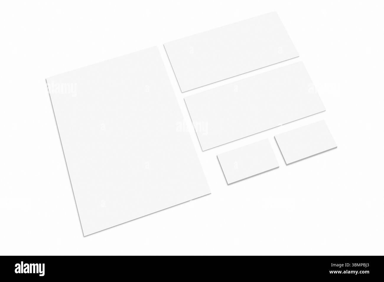 Cancelleria vuota e identità aziendale impostate su sfondo bianco. Modello per presentazioni di progettazione. Branding Mock-up Foto Stock