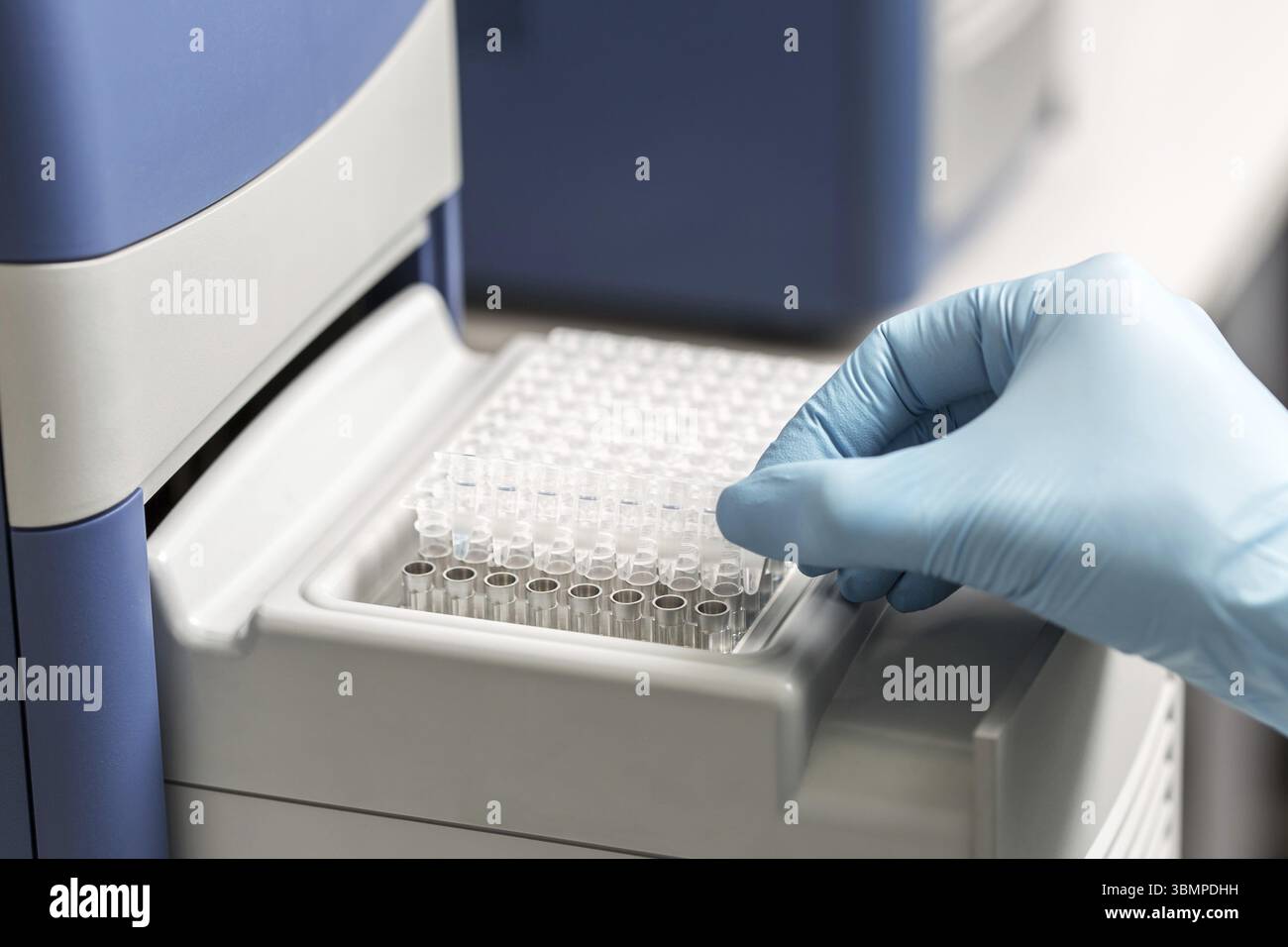 Un set di provette in vetro per campioni. Apparecchiature chimiche da laboratorio. Analisi Foto Stock