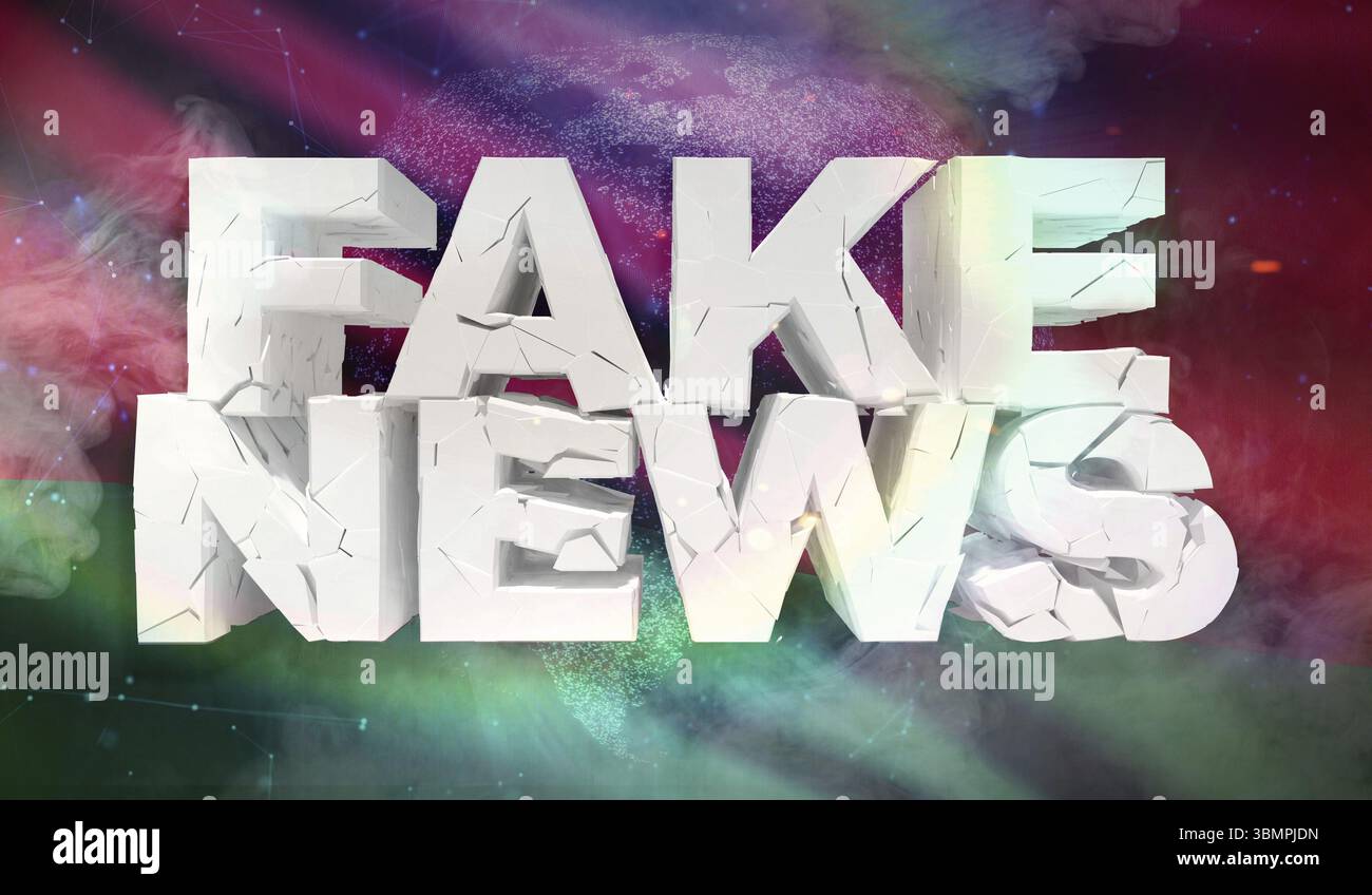 Illustrazione in 3D del concetto di notizie false con bandiera di sfondo della Bielorussia Foto Stock